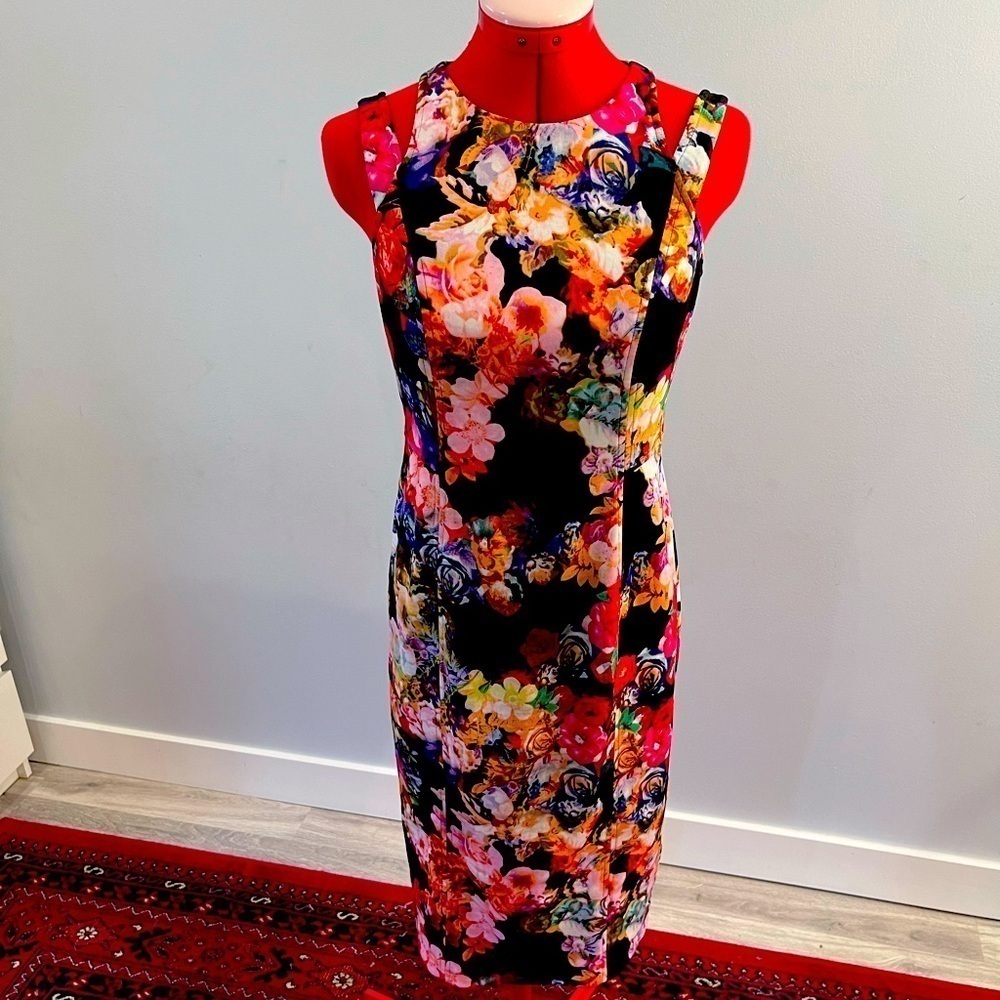 Maggy London Floral Midi Shift Dress Sleeveless split shoulder strap US size 4